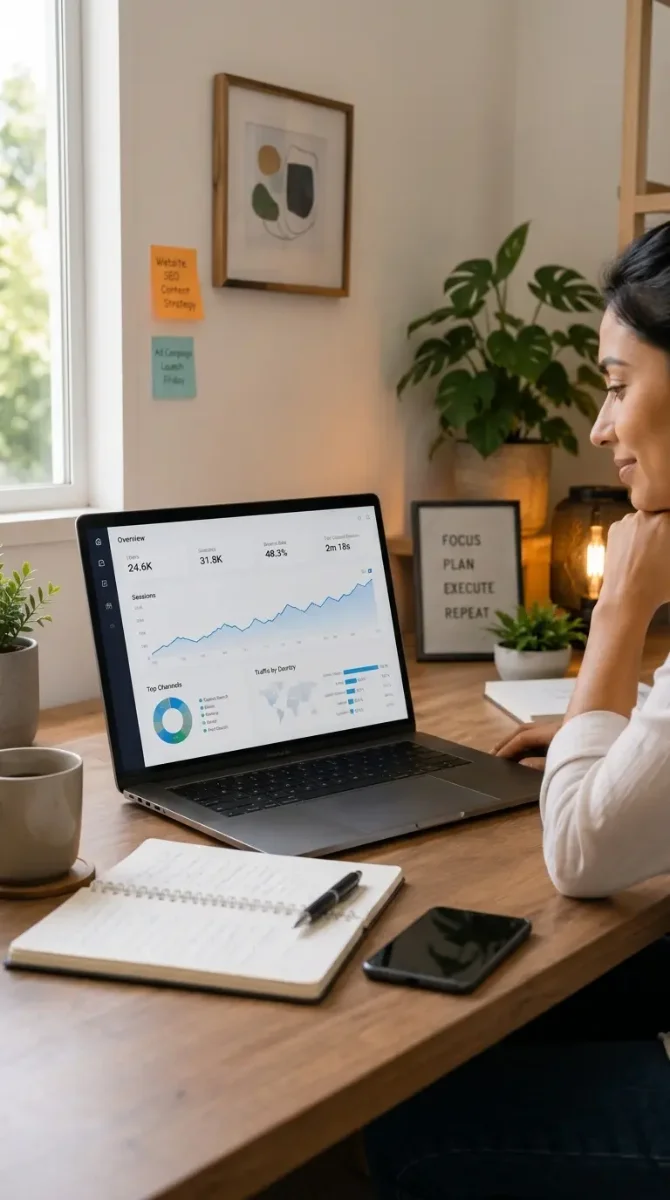Small business owner reviewing website